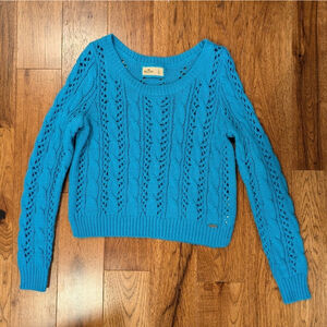 Hollister Open Cable Knit Teal Blue Long Sleeve Sweater Women's Sz L Soft Cozy‎
